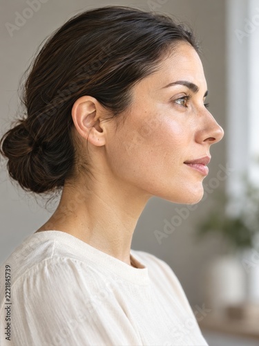 Side profile of brunette woman with clean glowing skin in natural window light