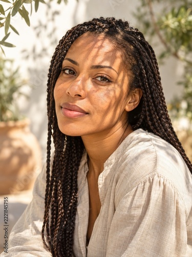 Sunlit beauty portrait of woman with long braids and soft leaf shadows on her...