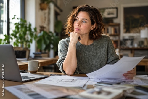 Thoughtful businesswoman considering a project beside papers and laptop