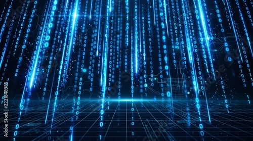 Digital Binary Code Rain and Cyber Data Stream Vector Graphic Featuring Glowing Matrix Numbers on Dark Blue Grid   