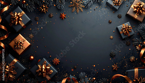 Dark Holiday Frame with Copper Gifts and Pine