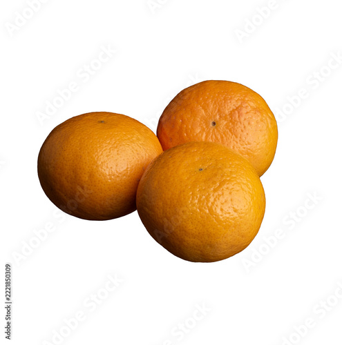 Three ripe tangerines with textured orange peel on a transparent background