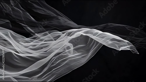 Ethereal translucent black and white textiles weaving through the air with soft delicate motion in a void