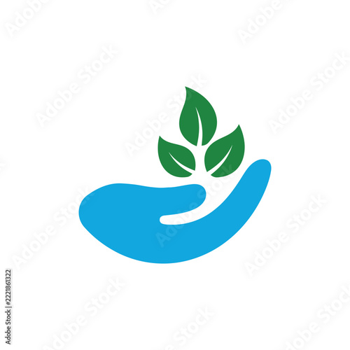 Minimalist blue hand holding green plant leaves vector logo design, conceptualizing care, nature protection, and sustainability, isolated on white background.