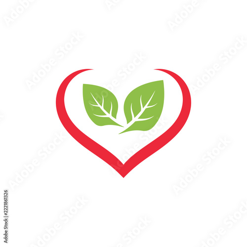 Minimalist vector logo design featuring two green leaves inside a red heart shape outline, conceptualizing healthy lifestyle, love for nature, and eco care, isolated on white background.
