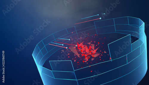 Abstract Digital Threat Containment with Glowing Blue Barrier and Red Data Fragments