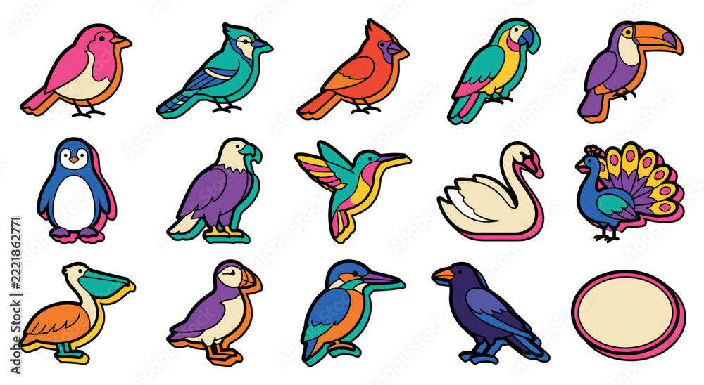 Fototapeta premium Colorful cartoon bird icons and stickers set featuring parrot penguin toucan swan hummingbird peacock pelican and cardinal in vibrant graphic outline style
