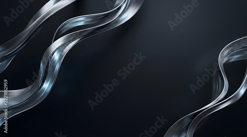 Abstract flowing metallic silver ribbons on dark background
