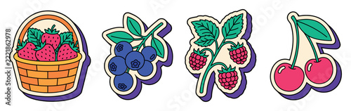 Berry stickers with fresh strawberries, blueberries, raspberries, and cherries designed in a retro comic pop art graphic style