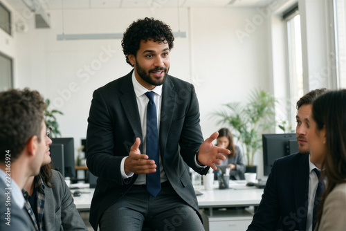 A hopeful mid-career man discusses work with colleagues in a modern, minimalistic office, exuding eagerness and enthusiasm with animated gestures.