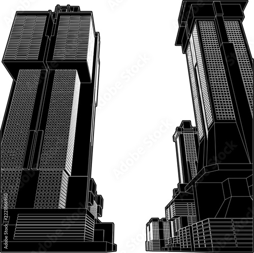 Urban City Of Skyscrapers Panorama Vector. Megalopolis City Landscape View. Illustration Of Construction Isolated On a White Background.