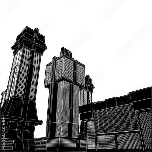 Urban City Of Skyscrapers Panorama Vector. Megalopolis City Landscape View. Illustration Of Construction Isolated On a White Background.
