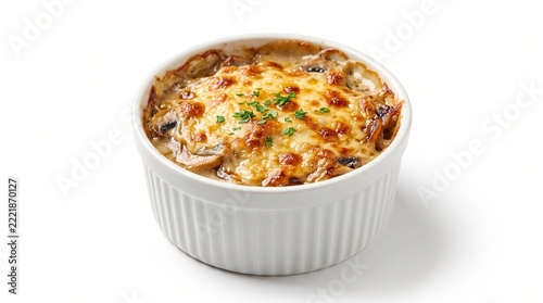 Mushroom julienne baked with cheese in a white ramekin isolated on white background