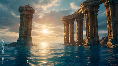 Imaging Construction with columns of lost Atlantis world around ocean water. Lost ancient civilization. Digital artwork. Ai generated