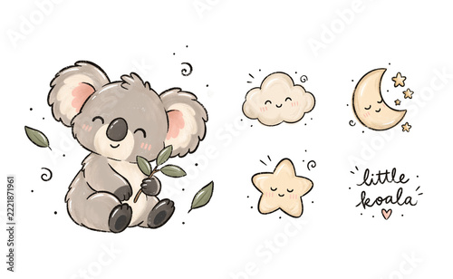 Photography Cute Baby Koala Nursery Clipart Set with Moon, Stars, Sun, Rainbow, Clouds and Hand Lettering