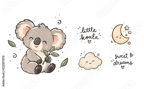 Photography Cute Baby Koala Nursery Clipart Set with Moon, Stars, Sun, Rainbow, Clouds and Hand Lettering