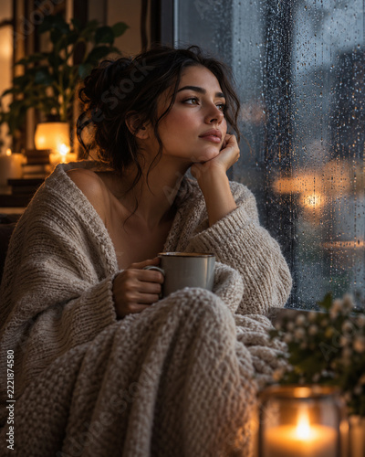 Emotional Wellness Ritual Woman Reflecting by Rainy Window at Home