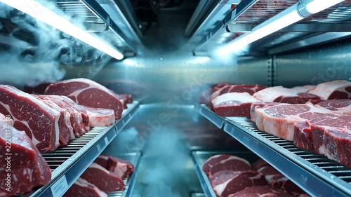 Fresh raw beef steaks arranged on metal shelves inside commercial refrigerator with cooling vapor
