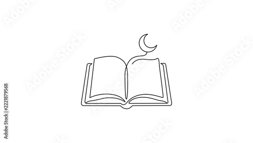 Minimalist continuous line of an open book with a crescent moon icon, black ink outline on a plain white background