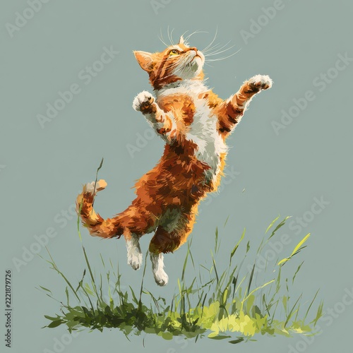 Orange Tabby Cat Jumping in Green Grass with Playful Expression on Clear Sky Background