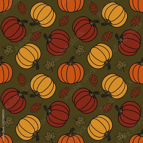 Seamless autumn pattern with pumpkins and maple and oak leaves on a dark green background.