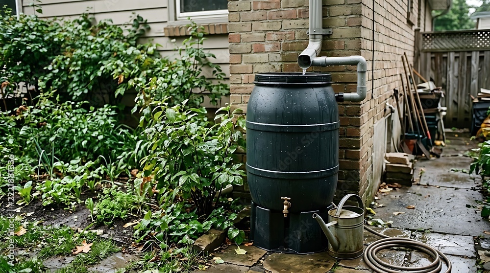 Obraz premium Rainwater collection barrel system attached to brick house roof