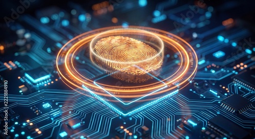 Digital fingerprint icon glowing on a complex blue integrated circuit board in a server system with detailed electronic circuit orange fingerprint symbol
