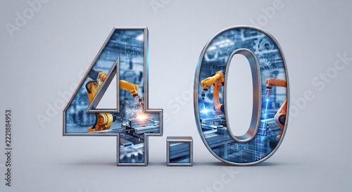 Industrial robotic arms welding metal parts inside the metallic number four point zero symbol with components inside large perform welding tasks