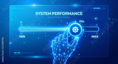 Digital wireframe hand adjusting a glowing blue system performance slider on a virtual technology interface with interface panel adjust interacts glowing
