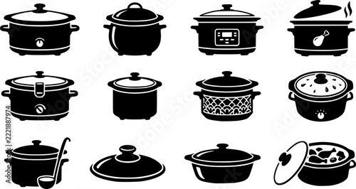 Crock Pot Chicken & Slow Cooker Lid Silhouette Icon Set. Collection of food & culinary silhouettes, including crock pot chicken & slow cooker lid, detailed comfort baking and sourdough shapes, and mor