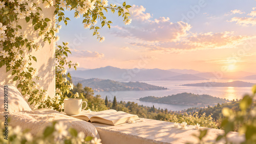 Peaceful Sunset Reading Nook with White Blossoms and Panoramic Ocean View