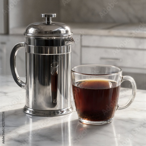 Shiny French press and glass mug filled with rich coffee on marble countertop.