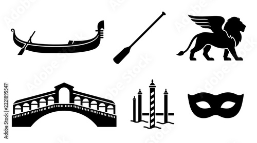 Venice travel icons with gondola rialto bridge and carnival mask