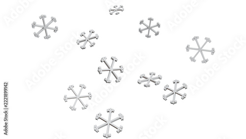 3D Render of white snowflakes scattered on a white background