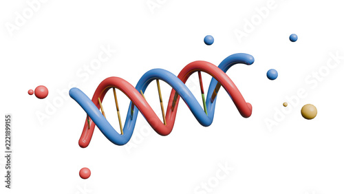 3D Render of a colorful DNA double helix structure with surrounding molecular spheres.