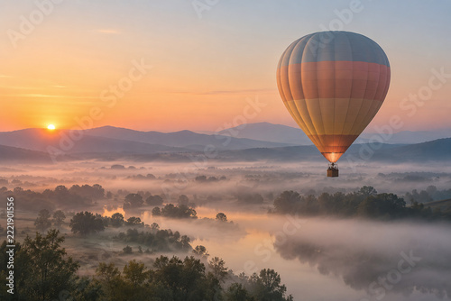 Pastel Hot Air Balloon Floating Above Misty Valley