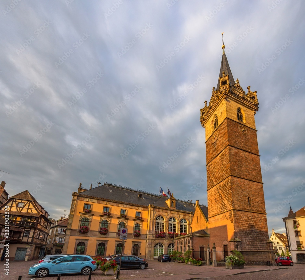 Fototapeta premium Watchtower and town hall in Obernai - Alsace, France