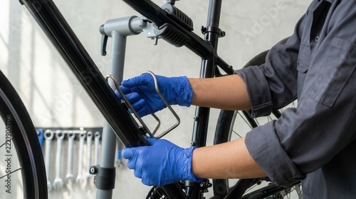 A person in gloves repairing a bike, focusing on the frame, showcasing tools and a clean workspace.