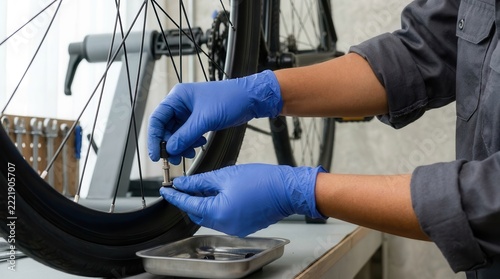 A person in gloves repairs a bicycle tire, showcasing hands-on maintenance skills and the joy of cycling.