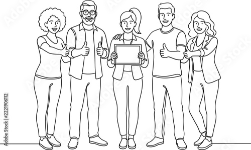 A black and white line art of a diverse team holding a blank tablet.