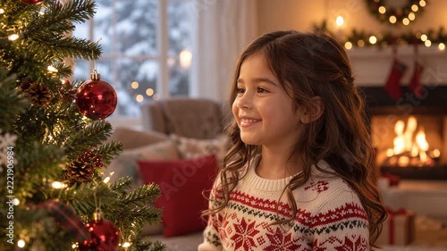 Girl hangs red ornament on Christmas tree by fireplace