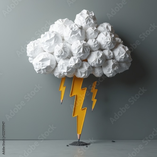 Storm clouds, paper cloud with lightning. Concept of education websites, brainstorming workshops, motivational posters, creative block articles, and writing blogs.