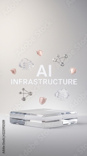 Premium AI Infrastructure Concept with Optical Glass Typography and Floating Security Icons on Minimalist Background