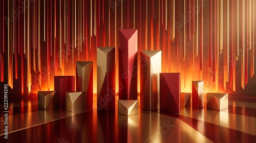 Abstract Geometric Pillars with Gold and Red Lighting