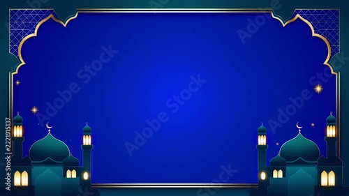 Animated Islamic background featuring mosques, glowing lanterns, and twinkling stars, perfect for Ramadan and Eid celebrations and other holy events.