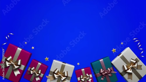 Animated scene featuring a collection of colorful gift boxes, stars, and ribbons on a blue backdrop. Perfect for holiday promotions, birthdays, and special occasions.
