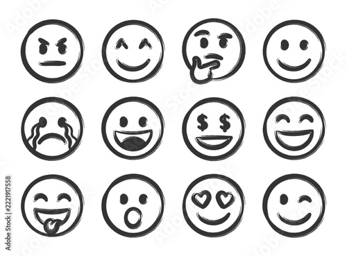 Hand drawn emoji faces, brush style expressing happiness, anger, sadness, surprise, laughter, money eyes, heart eyes, and winking, love, excitement emotions for messaging, social media communication.