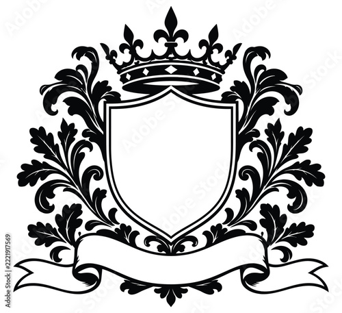 Vintage heraldic crest with royal crown, ornate shield emblem frame, classic coat of arms design vector