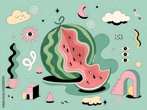 surreal fantasy pastel doodle Cartoon illustration. Watermelon in abstract style on a green background