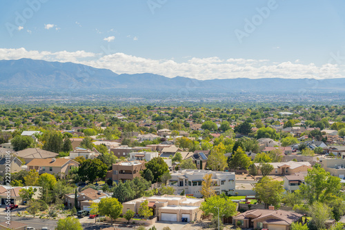 Aerial View of Suburban Albuquerque with Sandia Mountains